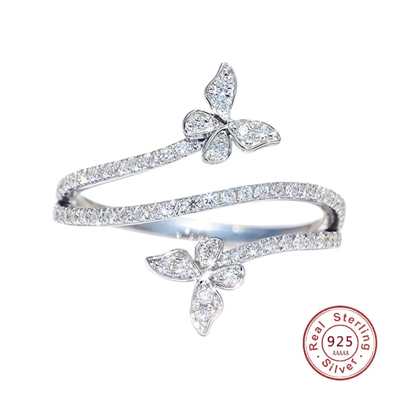 Fashion Double Butterfly Ring for Women 925 Sterling Silver Clear Zircon Diamond Wedding Engagement Ring Gift Jewelry Wholesale