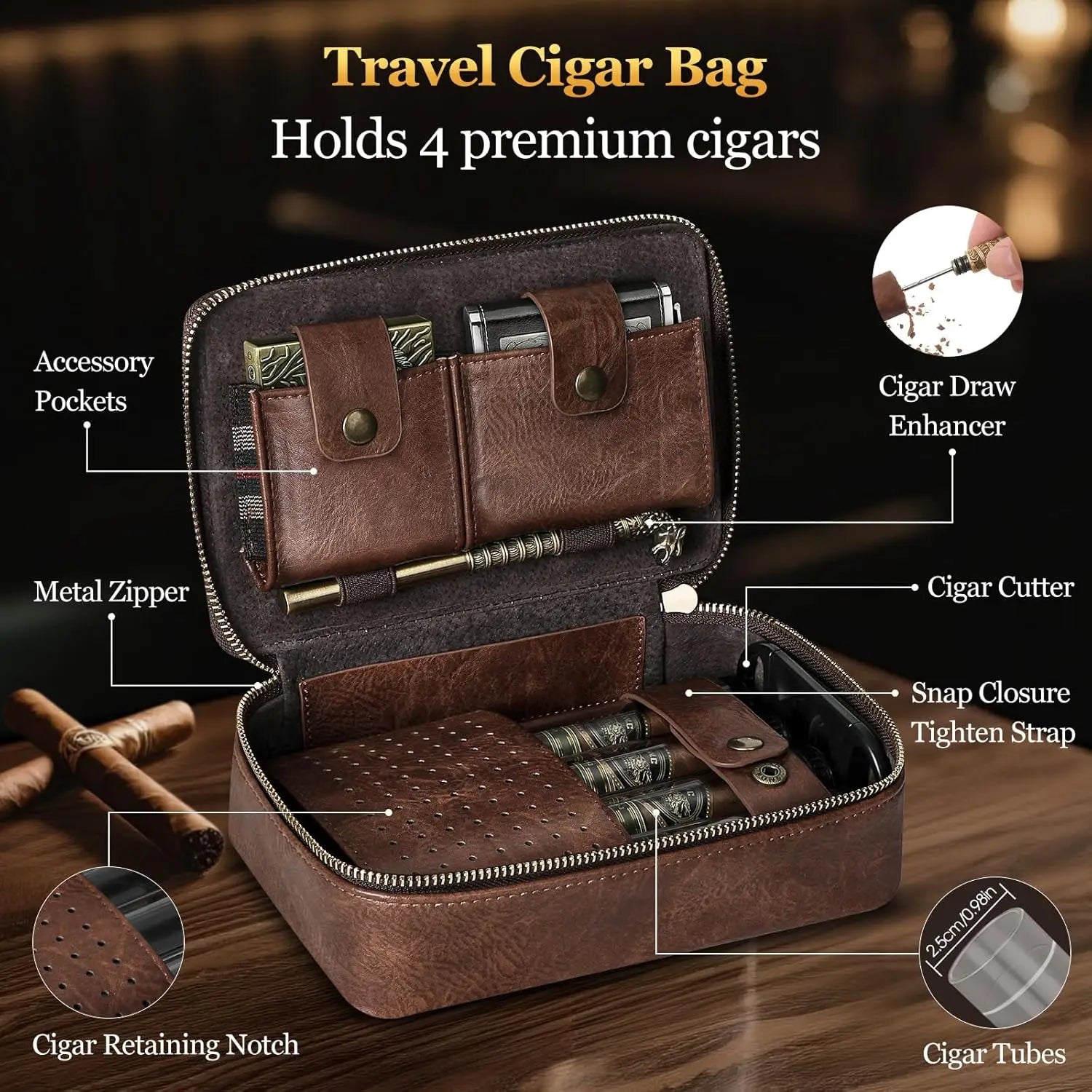 Cigar Humidor, Leather Travel Cigar Case, with Cigar Draw Enhancer and Multifunction Cigar Cutter, Cigar Accessories Gift Set