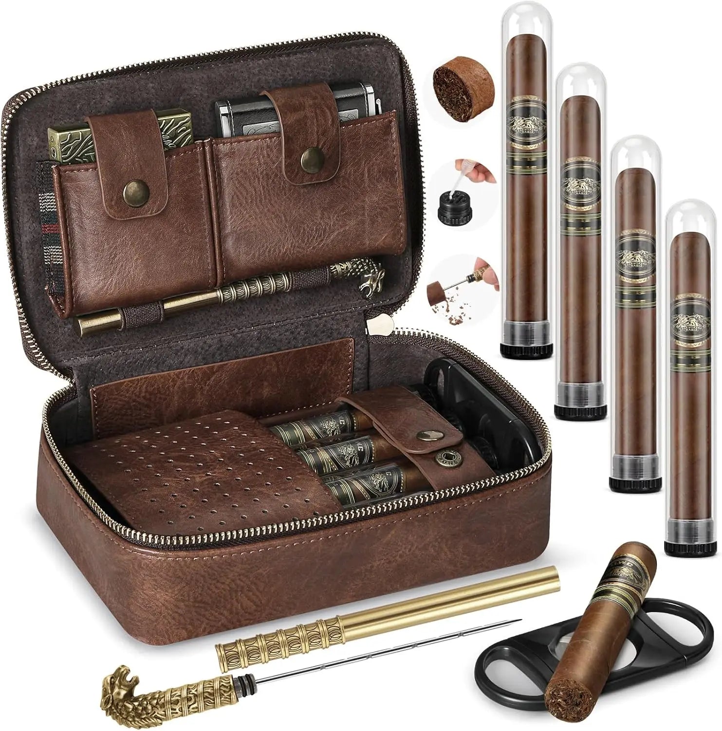 Cigar Humidor, Leather Travel Cigar Case, with Cigar Draw Enhancer and Multifunction Cigar Cutter, Cigar Accessories Gift Set
