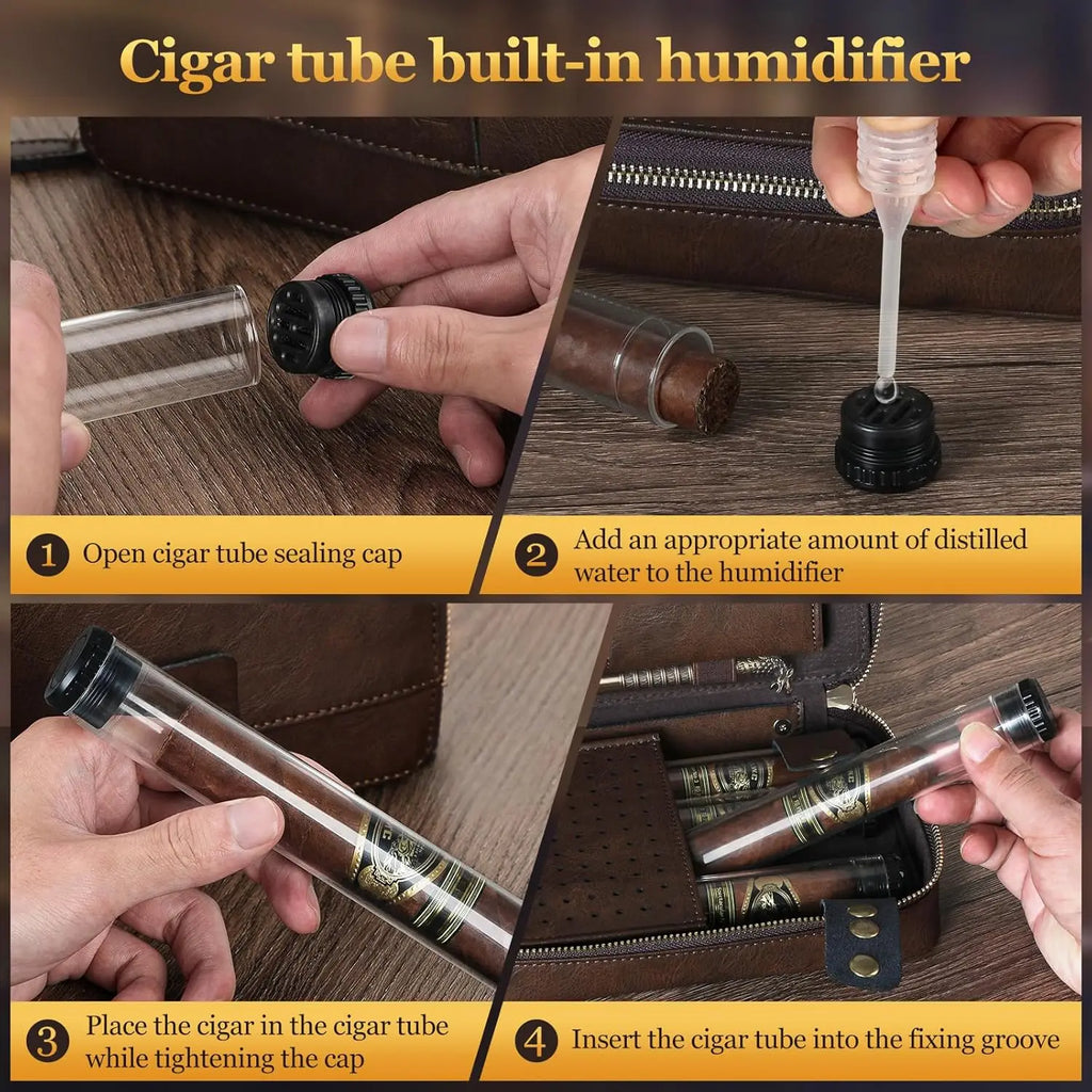 Cigar Humidor, Leather Travel Cigar Case, with Cigar Draw Enhancer and Multifunction Cigar Cutter, Cigar Accessories Gift Set